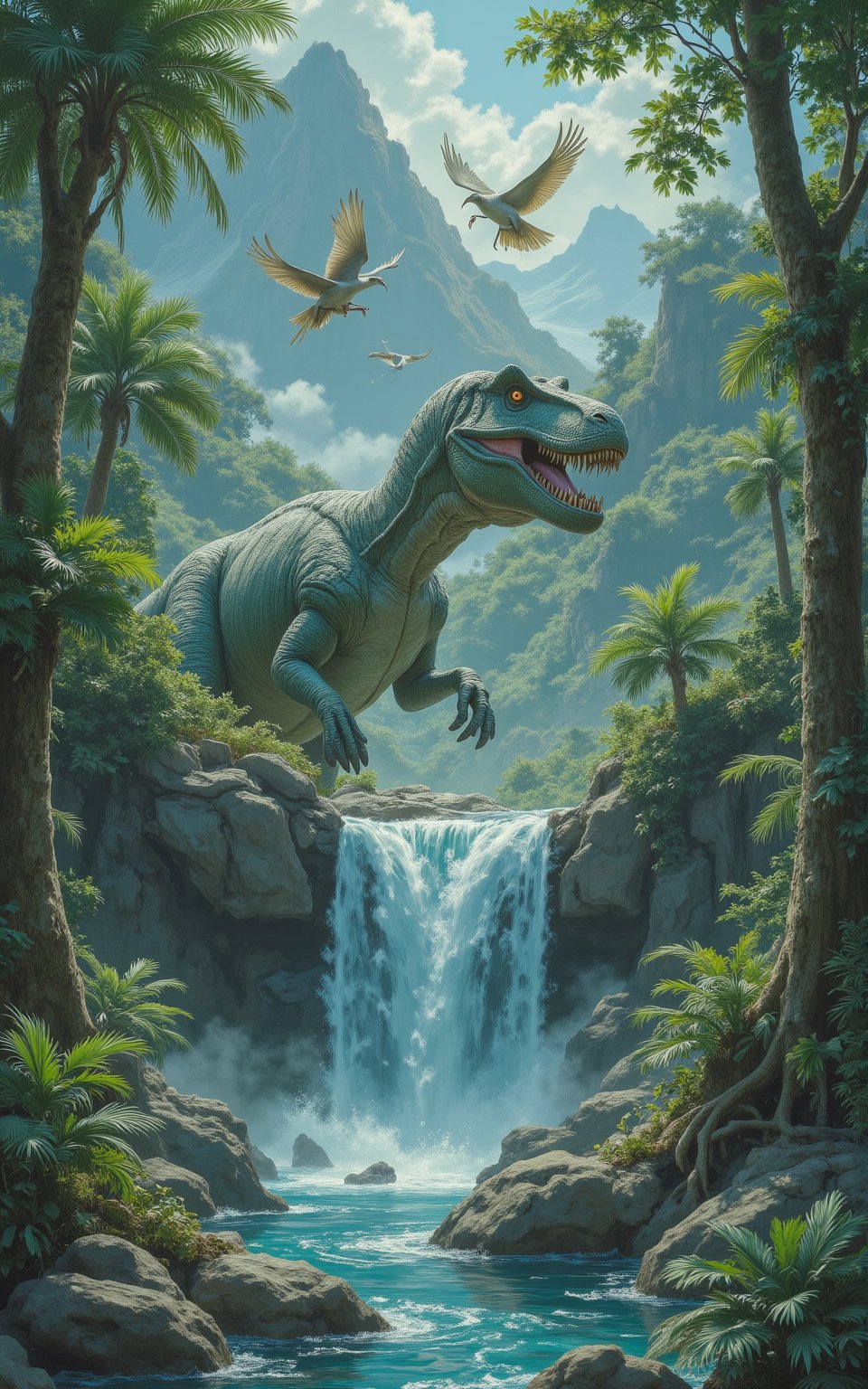  artistic Unity Engine, concept art, Ethereal (dinosaurs:1.3) , Western background, DayGlo water pit and jungle, (((jurrasic birds))), Clear skies, deep focus, photography art, (landscape art ) , (prehistoric era) , Masterpiece, Fearful, Ukiyo-E, Accent lighting, Circular polarizer, Kodak Ektar, vignette, octane engine, most beautiful artwork in the world,Fantasy detailers,Mid art 