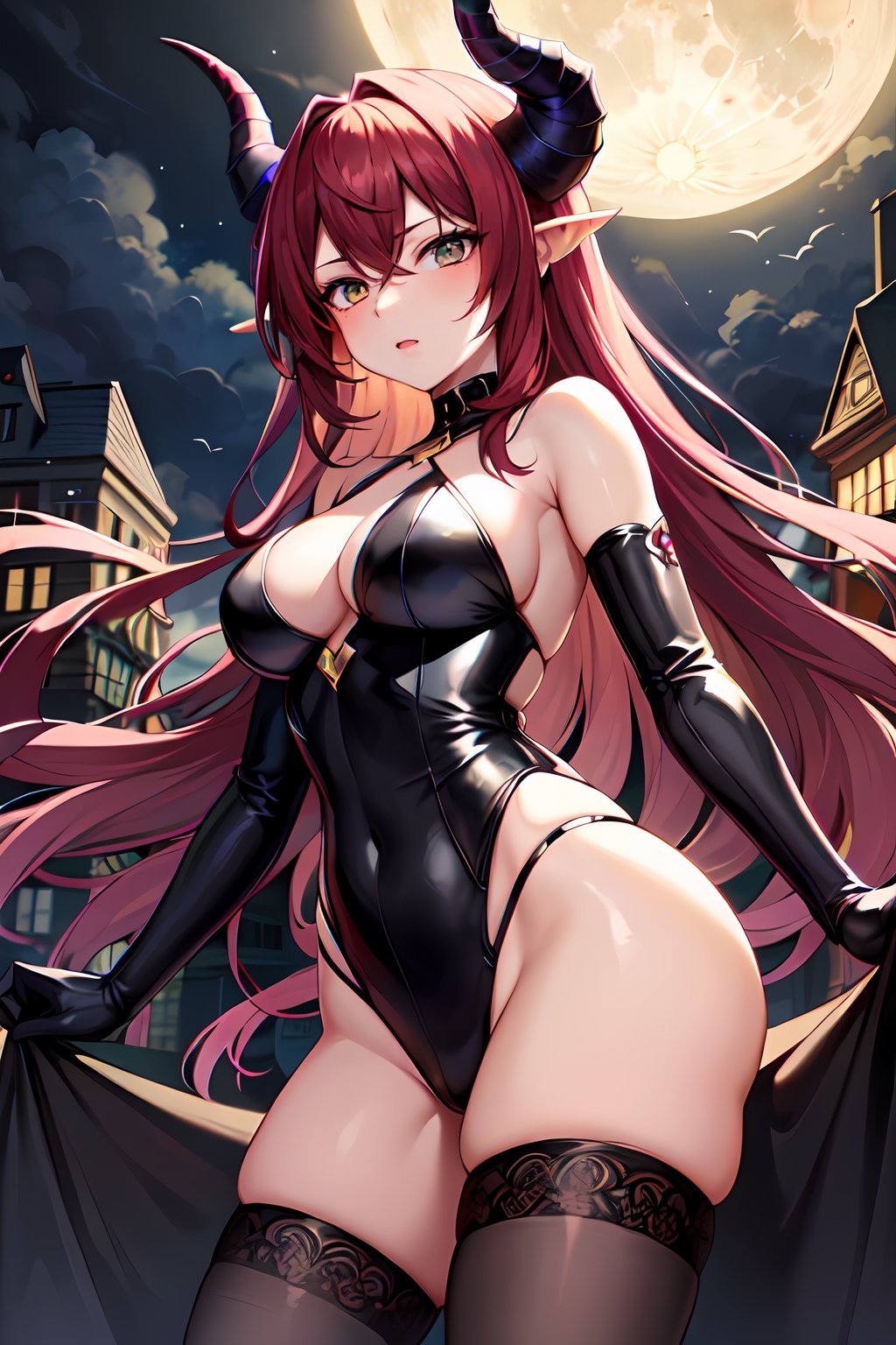 1girl, horn, succubus, solo, masterpiece, an extremely delicate and beautiful, best quality,
crimson hair, cascading curls, golden eyes with an intense gaze, seductive expression, black leather outfit with intricate designs, standing with one leg raised, moonlit rooftop, surrounded by dark storm clouds, a hint of infernal power,