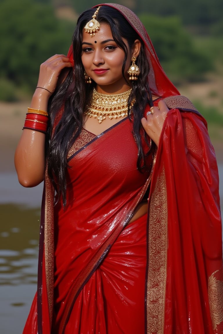 detailed soaking wet indian woman in her 20s wearing wet slimy indian bridal saree, bridal vail, and jewelery , detailed wet slimy red bridal saree, detailed gold jewelery , full body image . she is also wearing wet slimy full sleeve blouse. The soft light illuminates the left side of the frame, casting a flattering glow on her serene expression.,Fetishwet,Wet,covered in oil,covered in mud,wam,wet clothes,pouring oil,wetlook,pouring oil, the girl is completely doused with transparent slimes, ((Wet clothes, wet skin, wet hair, slimed clothes, slimed hair, slimled skin)