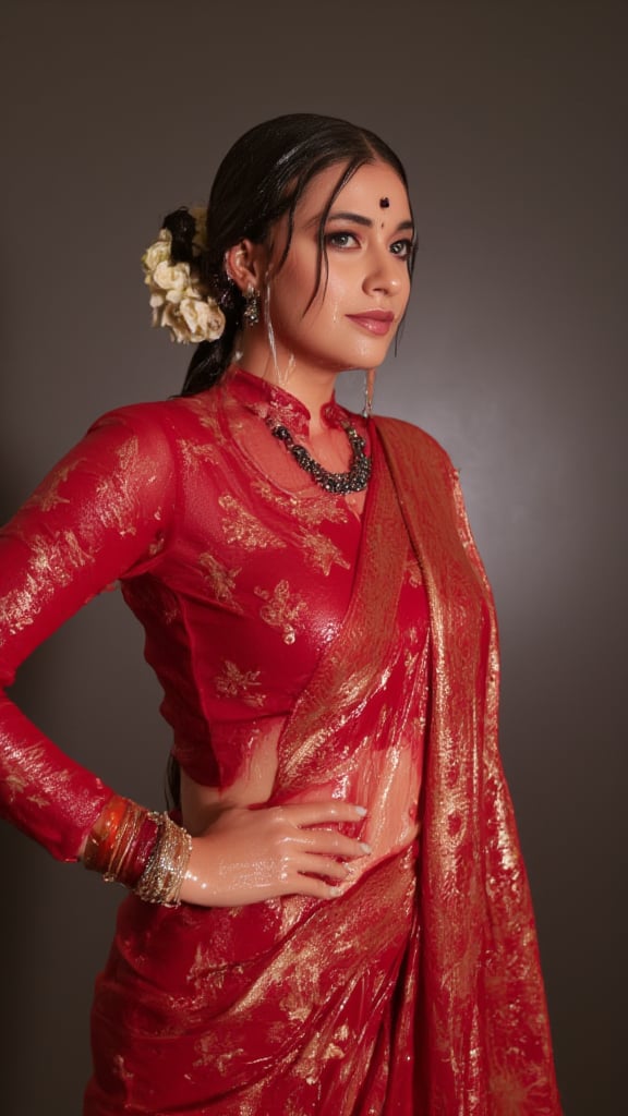 (Highest quality, Ultra HD, 16k, Masterpiece, wet clothes, wet hair, wet skin,slimy clothes, slimy hair, slimy skin, shawl on right shoulder:1.4), A soaking wet woman wearing a wet traditional red saree adorned with intricate gold embroidery stands elegantly, paired with a high neck wet long-sleeve blouse. Her wet stylised hair is neatly tied back,s. She has a stylish soaking wet slimy bun decorated with small white flowers and wears stunning jewelry, including large earrings and a layered necklace featuring blue stones. Her makeup highlights her features, with a delicate bindi on her wet forehead. She poses gracefully, with one hand resting on her waist, showcasing ornate bangles. The background is softly blurred, enhancing the overall focus on her attire and beauty.. Her hair, clothes and skin are comlpletely wet. her wet clothes cling to her body. suds flowing through the body.,Fetishwet,Wet,covered in oil,covered in mud,wam,pouring oil,wetlook,pouring oil, 