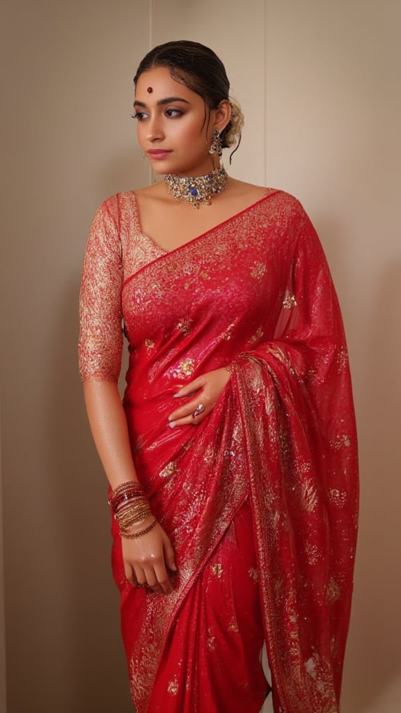 (Highest quality, Ultra HD, 16k, Masterpiece, wet clothes, wet hair, wet skin,slimy clothes, slimy hair, slimy skin, wet dupatta on the right side:1.4), A soaking wet woman wearing a wet traditional red saree adorned with intricate gold embroidery stands elegantly. She also wears a wet red dupatta with patterned design on her right side. She has a stylish wet bun decorated with small white flowers and wears stunning jewelry, including large earrings and a layered necklace featuring blue stones. Her makeup highlights her features, with a delicate bindi on her wet forehead. She poses gracefully, with one hand resting on her waist, showcasing ornate bangles. The background is softly blurred, enhancing the overall focus on her attire and beauty.. Her hair, clothes and skin are comlpletely wet. her wet clothes cling to her body. suds flowing through the body.,Fetishwet,Wet,covered in oil,covered in mud,wam,wetlook, full sleeve, 