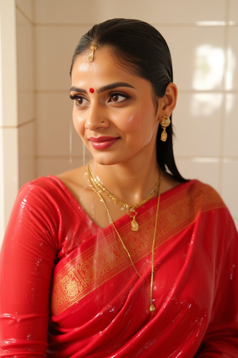 A stunning close-up shot of a woman draped in a vibrant soaking wet red saree over both of her shoulders,  intricately emb...