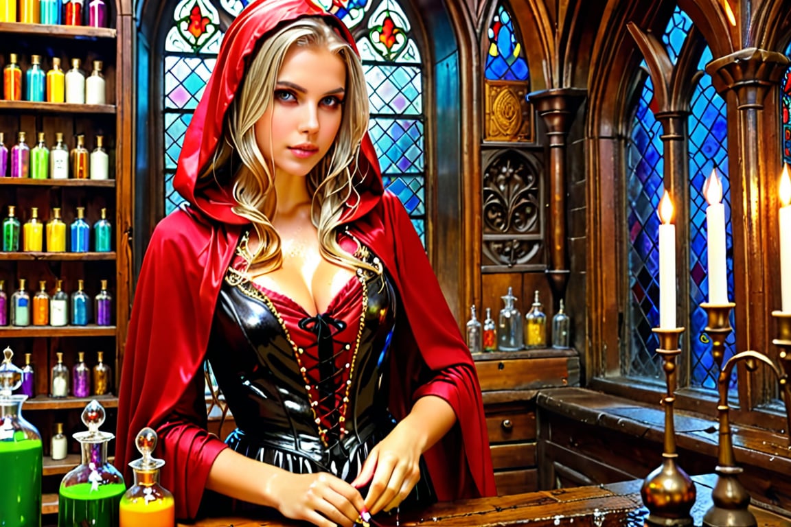 1 girl, 50 mm lens, Photorealistic, Award Winning, Ultra Realistic, 8k, of a 25 years old good sweet wet girl preparing potions in her study. She has wet blonde hair and wears a wet medieval red dress with wet hood and wet tippet, richly silver embroidered. Medieval atmosphere. On background we see colourful stained glasses window lighting an old castle room, (many bright colored potion ampoules:1.4) on the shelves. Masterpiece, ultra highly detailed, Dynamic Poses, Alluring, Amazing, Excellent, Detailed Face, Beautiful Symmetric Eyes, Heavenly, Very Refined, dark golden light,digital painting,crystalz,Decora_SWstyle,art_booster, wet clothes, wet hair, wet skin, wet_clothes,soakingwetclothes