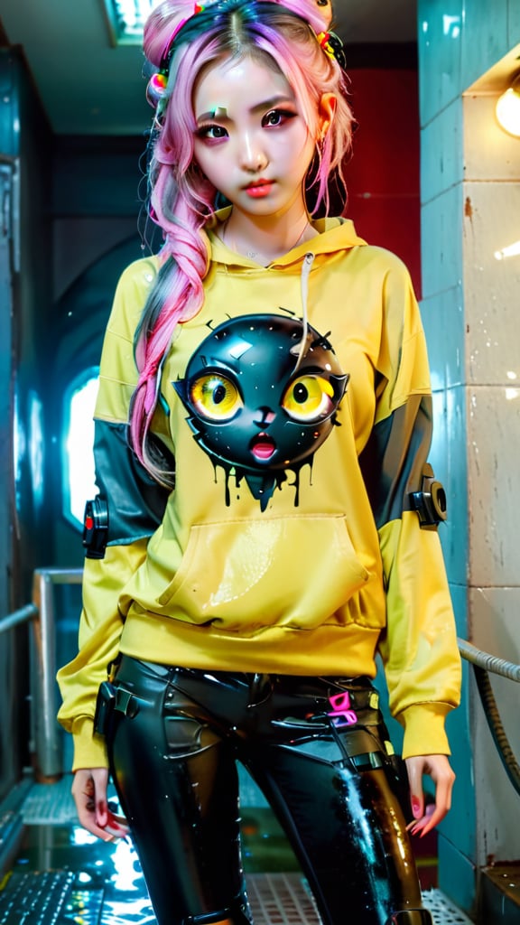 1girl, most beautiful korean girl, Korean beauty model, stunningly beautiful girl, gorgeous girl, 20yo, over sized eyes, big eyes, smiling, looking at viewer, dark gothic cyberpunk woman, defiant face, pastel colors, in clothes, colorful hair, light yellow sweatshirt, pants, black, with pink, guns hd, high detail, huoshen, TheLastOfUs, mgln,masterpiece, wet clothes, wet hair, wet skin, 
