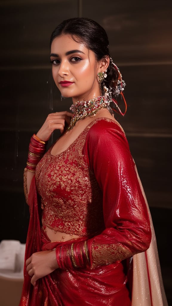 (Highest quality, Ultra HD, 16k, Masterpiece, wet clothes, wet hair, wet skin,slimy clothes, slimy hair, slimy skin, shawl on right shoulder:1.4), cinematic image of a soaking wet woman wearing a wet traditional red saree adorned with intricate gold embroidery stands elegantly, paired with a high neck wet long-sleeve blouse. Her wet stylised hair is neatly tied back,s. She has a stylish soaking wet slimy bun decorated with small white flowers and wears stunning jewelry, including large earrings and a layered necklace featuring blue stones. Her makeup highlights her features, with a delicate bindi on her wet forehead. She poses gracefully, with one hand resting on her waist, showcasing ornate bangles. The background is softly blurred, enhancing the overall focus on her attire and beauty.. Her hair, clothes and skin are comlpletely wet. her wet clothes cling to her body. suds flowing through the body.,Fetishwet,Wet,covered in oil,covered in mud,wam,pouring oil,wetlook,pouring oil, 