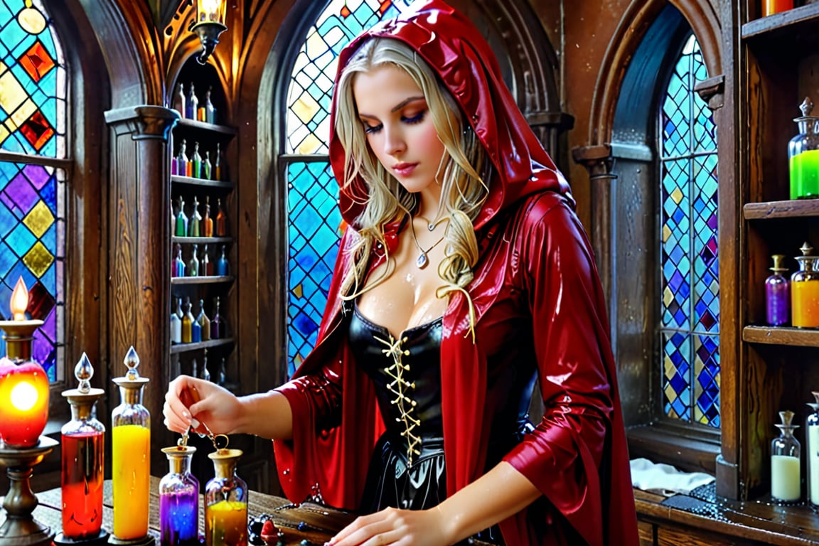 1 girl, 50 mm lens, Photorealistic, Award Winning, Ultra Realistic, 8k, of a 25 years old good sweet wet girl preparing potions in her study. She has wet blonde hair and wears a wet medieval red dress with wet hood and wet tippet, richly silver embroidered. Medieval atmosphere. On background we see colourful stained glasses window lighting an old castle room, (many bright colored potion ampoules:1.4) on the shelves. Masterpiece, ultra highly detailed, Dynamic Poses, Alluring, Amazing, Excellent, Detailed Face, Beautiful Symmetric Eyes, Heavenly, Very Refined, dark golden light,digital painting,crystalz,Decora_SWstyle,art_booster, wet clothes, wet hair, wet skin, wet_clothes,soakingwetclothes