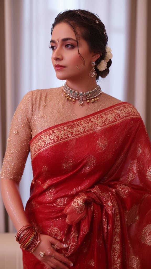 (Highest quality, Ultra HD, 16k, Masterpiece, wet clothes, wet hair, wet skin,slimy clothes, slimy hair, slimy skin, wet dupatta on the right side:1.4), A soaking wet woman wearing a wet traditional red saree adorned with intricate gold embroidery stands elegantly. She also wears a wet red dupatta with patterned design on her right side. She has a stylish wet bun decorated with small white flowers and wears stunning jewelry, including large earrings and a layered necklace featuring blue stones. Her makeup highlights her features, with a delicate bindi on her wet forehead. She poses gracefully, with one hand resting on her waist, showcasing ornate bangles. The background is softly blurred, enhancing the overall focus on her attire and beauty.. Her hair, clothes and skin are comlpletely wet. her wet clothes cling to her body. suds flowing through the body.,Fetishwet,Wet,covered in oil,covered in mud,wam,wetlook, full sleeve, 