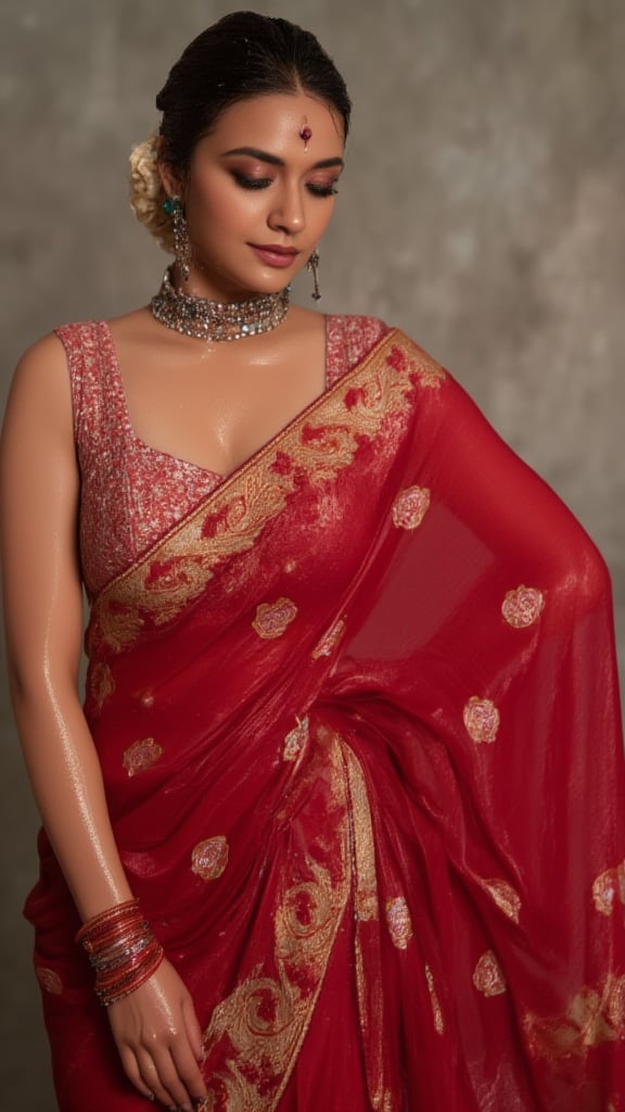 (Highest quality, Ultra HD, 16k, Masterpiece, wet clothes, wet hair, wet skin,slimy clothes, slimy hair, slimy skin, wet dupatta on the right side:1.4), A soaking wet woman wearing a wet traditional red saree adorned with intricate gold embroidery stands elegantly. She also wears a wet red dupatta with patterned design on her right side. She has a stylish wet bun decorated with small white flowers and wears stunning jewelry, including large earrings and a layered necklace featuring blue stones. Her makeup highlights her features, with a delicate bindi on her wet forehead. She poses gracefully, with one hand resting on her waist, showcasing ornate bangles. The background is softly blurred, enhancing the overall focus on her attire and beauty.. Her hair, clothes and skin are comlpletely wet. her wet clothes cling to her body. suds flowing through the body.,Fetishwet,Wet,covered in oil,covered in mud,wam,wetlook,