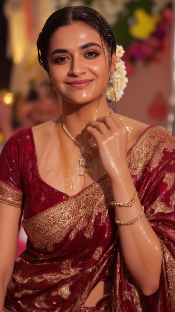 (Highest quality, Ultra HD, 16k, Masterpiece, wet clothes, wet hair, wet skin), A medium-close-up shot of soaking wet  Keerthy Suresh in a wet traditional Indian bridal outfit. The wet deep crimson wet lehenga is adorned with gold embroidery, and she wears intricate jewelry that sparkles in the warm, natural sunlight. Her wet hair is adorned with jasmine flowers, and her wet face glows with a serene smile, her eyes filled with a quiet confidence. The background features a blur of vibrant wedding decor, but the focus is on her radiant beauty, encapsulating a moment of timeless elegance. Her hair, clothes and skin are comlpletely wet. her wet clothes cling to her body. suds flowing through the body.,Fetishwet,Wet,covered in oil,covered in mud,wam,pouring oil,wetlook,pouring oil