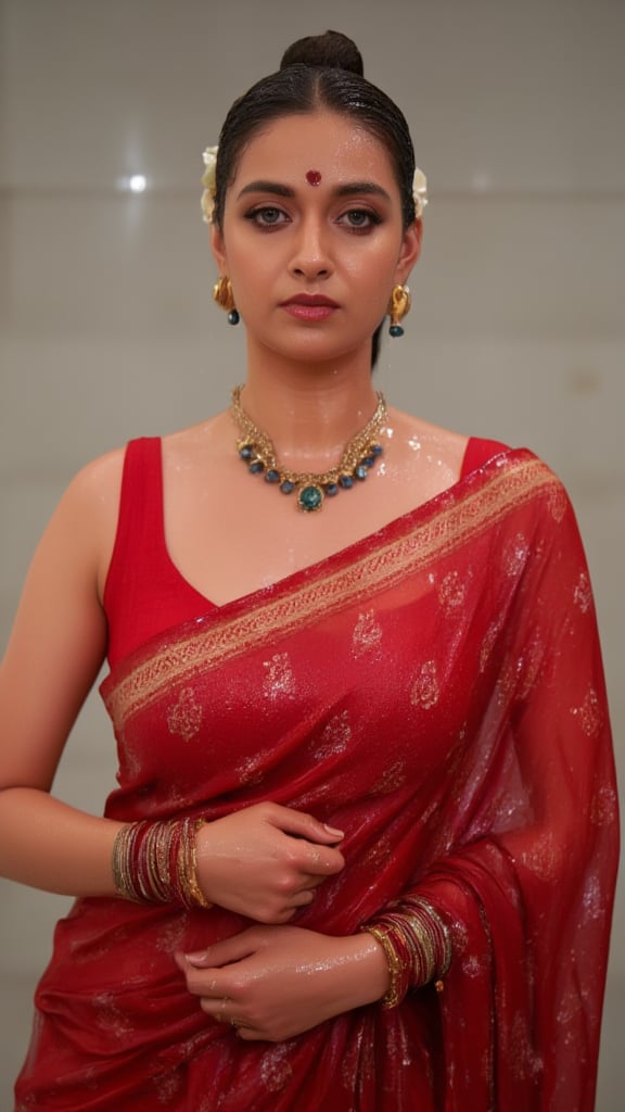 (Highest quality, Ultra HD, 16k, Masterpiece, wet clothes, wet hair, wet skin,slimy clothes, slimy hair, slimy skin:1.4), A soaking wet woman wearing a wet traditional red saree adorned with intricate gold embroidery stands elegantly. She also wears a wet red shawl with patterned design on her right side. She has a stylish wet bun decorated with small white flowers and wears stunning jewelry, including large earrings and a layered necklace featuring blue stones. Her makeup highlights her features, with a delicate bindi on her wet forehead. She poses gracefully, with one hand resting on her waist, showcasing ornate bangles. The background is softly blurred, enhancing the overall focus on her attire and beauty.. Her hair, clothes and skin are comlpletely wet. her wet clothes cling to her body. suds flowing through the body.,Fetishwet,Wet,covered in oil,covered in mud,wam,pouring oil,wetlook,pouring oil