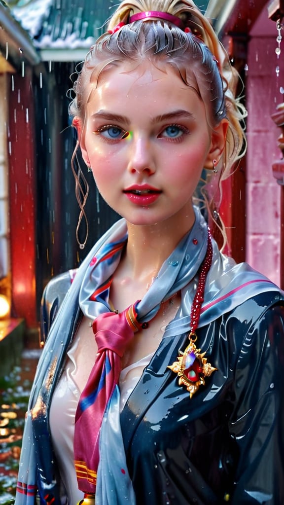 heavy rain, A mesmerizing, ultra-realistic 8K photo captures the essence of a young woman dressed in a British school uniform, draped with a shawl, wearing a wet and glistening pink ponytail hairstyle. The subject exudes a charming wet smile as she dons a woolen scarf, wet tight jacket, and a wet shawl, all set against a cinematic backdrop. The model's icy eyes and pale wet skin contrast with her ruby wet necklace and bracelet, creating a captivating visual. This stunning masterpiece, with its high contrast and vibrant color, is rendered with exquisite details and textures in a cinematic shot, showcasing the artist's exceptional skill. The image is bathed in warm tones, with a bright and intense atmosphere, and is trending on ArtStation, making it a standout piece