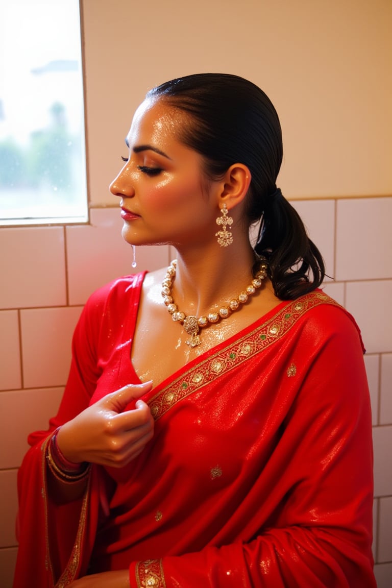 A stunning close-up shot of a woman draped in a vibrant soaking wet red saree over both of her shoulders,  intricately emb...