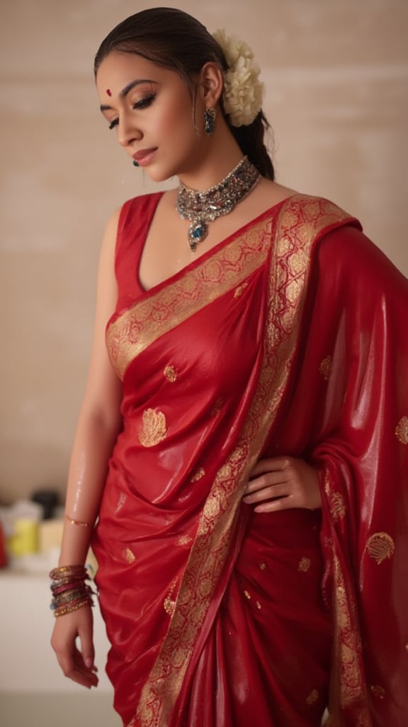 (Highest quality, Ultra HD, 16k, Masterpiece, wet clothes, wet hair, wet skin,slimy clothes, slimy hair, slimy skin:1.4), A soaking wet woman wearing a wet traditional red saree adorned with intricate gold embroidery stands elegantly. She also wears a wet red shawl with patterned design on her right side. She has a stylish wet bun decorated with small white flowers and wears stunning jewelry, including large earrings and a layered necklace featuring blue stones. Her makeup highlights her features, with a delicate bindi on her wet forehead. She poses gracefully, with one hand resting on her waist, showcasing ornate bangles. The background is softly blurred, enhancing the overall focus on her attire and beauty.. Her hair, clothes and skin are comlpletely wet. her wet clothes cling to her body. suds flowing through the body.,Fetishwet,Wet,covered in oil,covered in mud,wam,pouring oil,wetlook,pouring oil