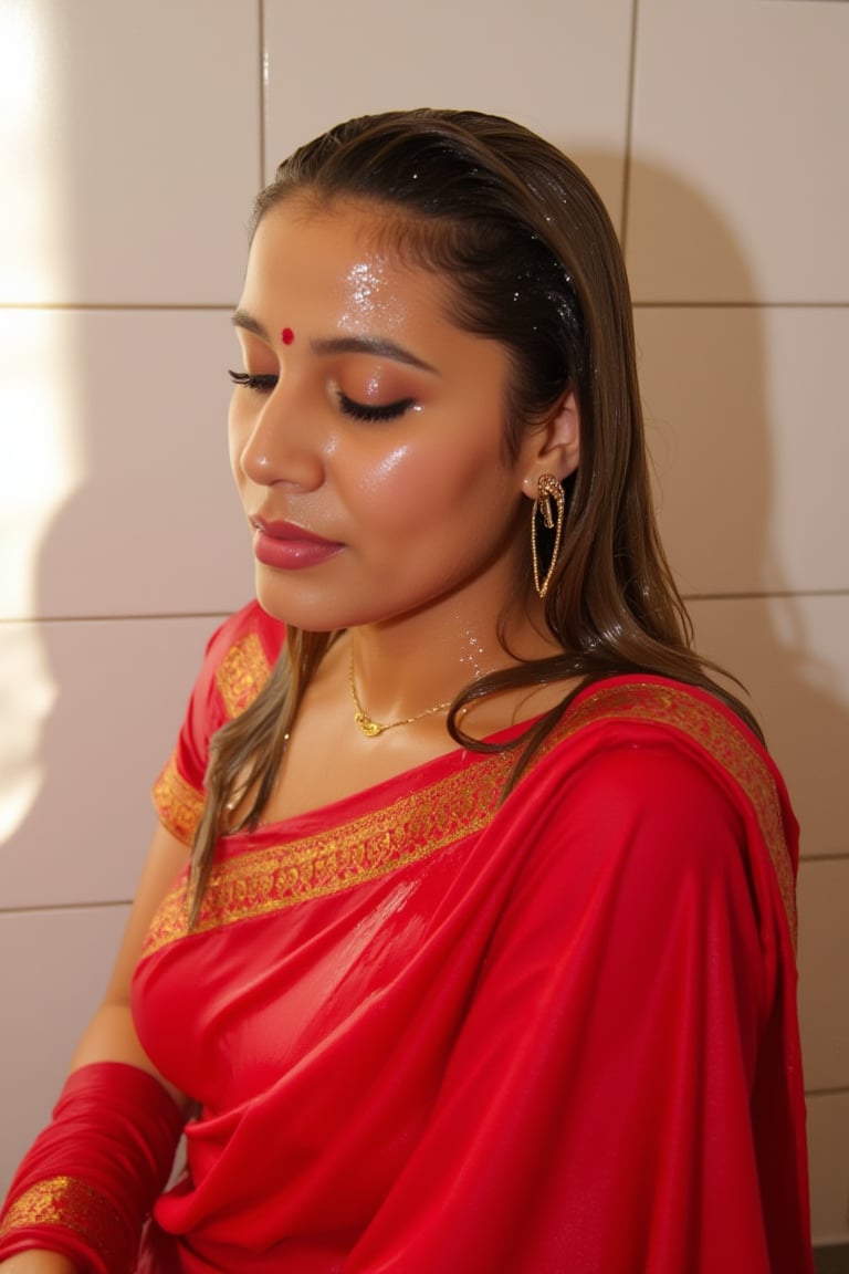 A stunning close-up shot of a woman draped in a vibrant soaking wet red saree over both of her shoulders,  intricately emb...