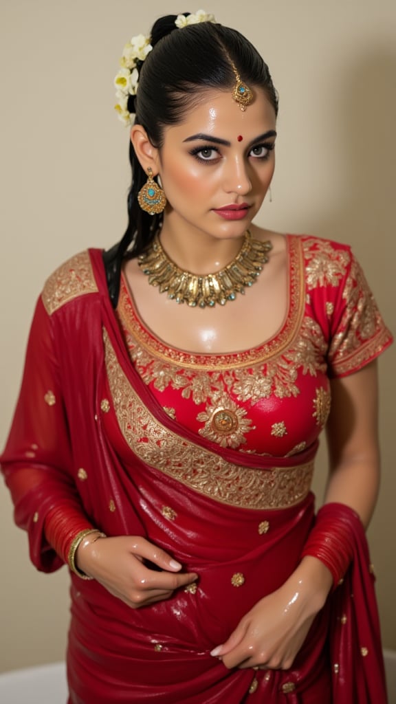 (Highest quality, Ultra HD, 16k, Masterpiece, wet clothes, wet hair, wet skin,slimy clothes, slimy hair, slimy skin:1.4), A soaking wet woman wearing a wet traditional red saree adorned with intricate gold embroidery stands elegantly. She also wears a wet red shawl with patterned design on her right side. She has a stylish wet bun decorated with small white flowers and wears stunning jewelry, including large earrings and a layered necklace featuring blue stones. Her makeup highlights her features, with a delicate bindi on her wet forehead. She poses gracefully, with one hand resting on her waist, showcasing ornate bangles. The background is softly blurred, enhancing the overall focus on her attire and beauty.. Her hair, clothes and skin are comlpletely wet. her wet clothes cling to her body. suds flowing through the body.,Fetishwet,Wet,covered in oil,covered in mud,wam,pouring oil,wetlook,pouring oil