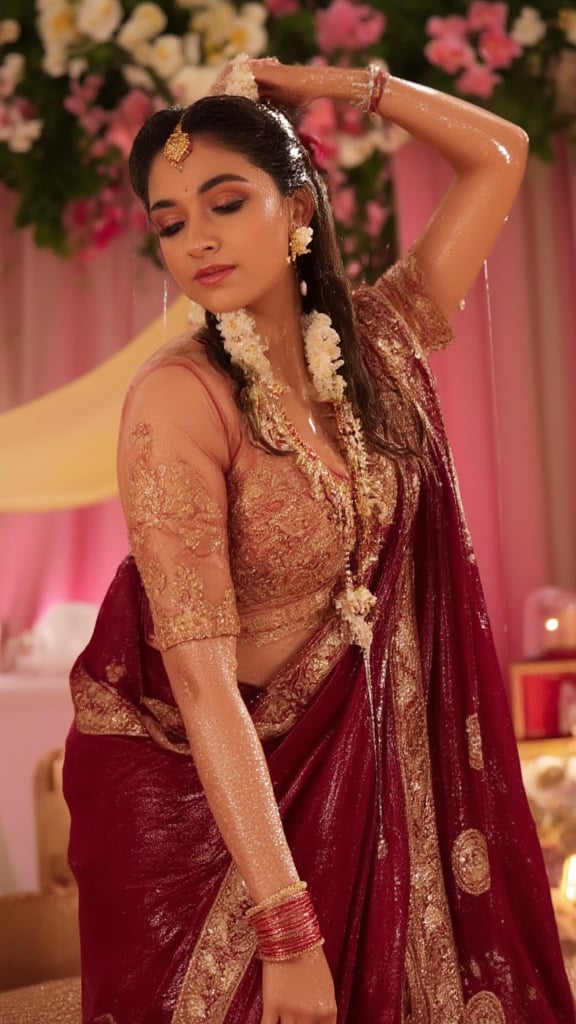 (Highest quality, Ultra HD, 16k, Masterpiece, wet clothes, wet hair, wet skin), A medium-close-up shot of soaking wet  Keerthy Suresh in a wet traditional Indian bridal outfit. The wet deep crimson wet lehenga is adorned with gold embroidery, and she wears intricate jewelry that sparkles in the warm, natural sunlight. Her wet hair is adorned with jasmine flowers, and her wet face glows with a serene smile, her eyes filled with a quiet confidence. The background features a blur of vibrant wedding decor, but the focus is on her radiant beauty, encapsulating a moment of timeless elegance. Her hair, clothes and skin are comlpletely wet. her wet clothes cling to her body. suds flowing through the body.,Fetishwet,Wet,covered in oil,covered in mud,wam,pouring oil,wetlook,pouring oil