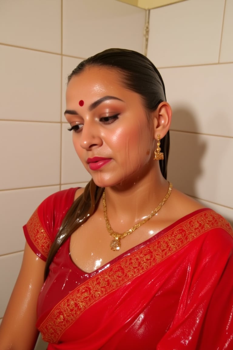 A stunning close-up shot of a woman draped in a vibrant soaking wet red saree over both of her shoulders,  intricately emb...