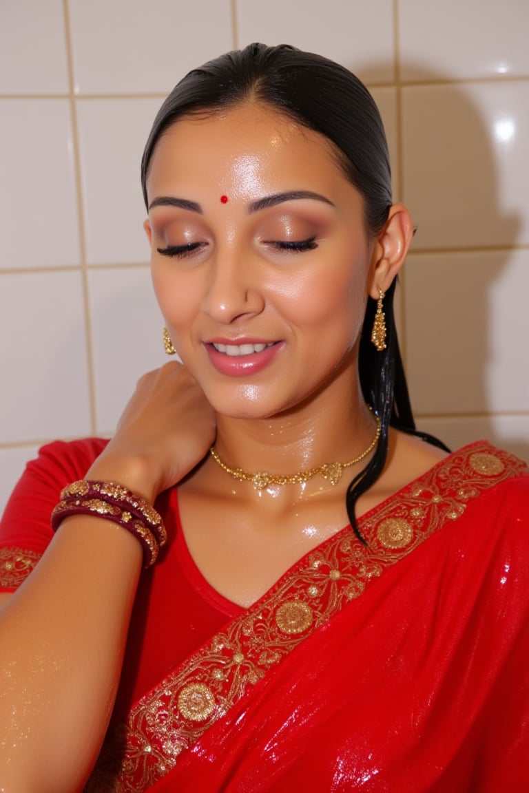 A stunning close-up shot of a woman draped in a vibrant soaking wet red saree over both of her shoulders,  intricately emb...