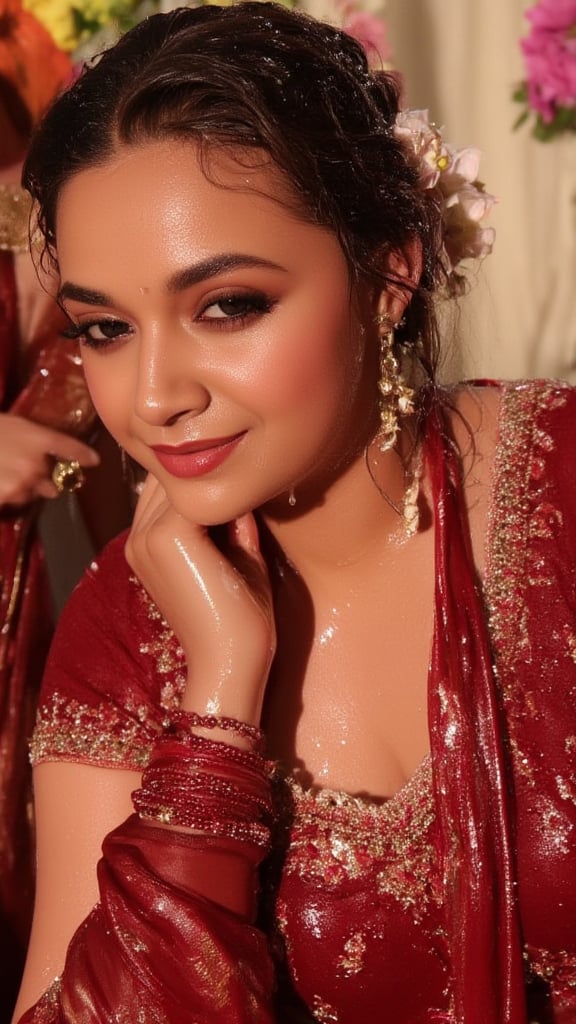 (Highest quality, Ultra HD, 16k, Masterpiece, wet clothes, wet hair, wet skin:1.4), A medium-close-up shot of soaking wet  Keerthy Suresh in a wet traditional Indian bridal outfit. The wet deep crimson wet lehenga is adorned with gold embroidery, and she wears intricate jewelry that sparkles in the warm, natural sunlight. Her wet hair is adorned with jasmine flowers, and her wet face glows with a serene smile, her eyes filled with a quiet confidence. The background features a blur of vibrant wedding decor, but the focus is on her radiant beauty, encapsulating a moment of timeless elegance. Her hair, clothes and skin are comlpletely wet. her wet clothes cling to her body. suds flowing through the body.,Fetishwet,Wet,covered in oil,covered in mud,wam,pouring oil,wetlook,pouring oil