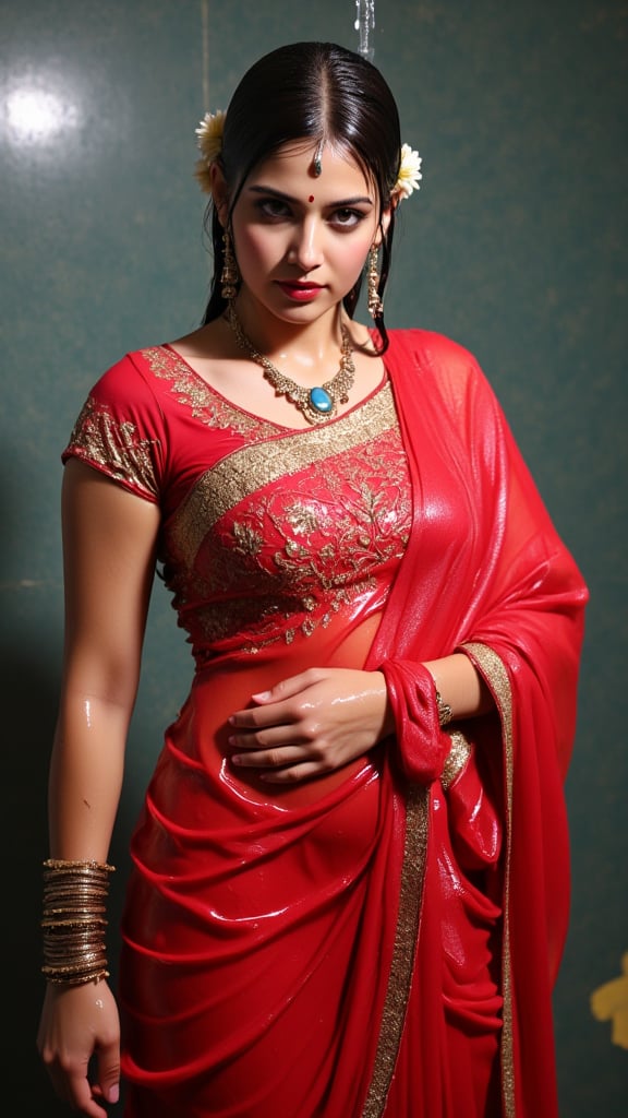 (Highest quality, Ultra HD, 16k, Masterpiece, wet clothes, wet hair, wet skin,slimy clothes, slimy hair, slimy skin:1.4), A soaking wet woman wearing a wet traditional red saree adorned with heavy intricate gold embroidery stands elegantly. On her left shoulders she wears the saree and one her left shoulder she wears a wet red designer shawl . She also wears a wet full sleeve blouse. The wet saree clings to her body, highlighting the delicate fabric design and the elegance of the wet full sleeve blouse. Her wet stylised hair is neatly tied back,s.. She has a stylish wet bun decorated with small white flowers and wears stunning jewelry, including large earrings and a layered necklace featuring blue stones. Her makeup highlights her features, with a delicate bindi on her wet forehead. She poses gracefully, with one hand resting on her waist, showcasing ornate bangles. The background is softly blurred, enhancing the overall focus on her attire and beauty.. Her hair, clothes and skin are comlpletely wet. her wet clothes cling to her body. suds flowing through the body.,Fetishwet,Wet,covered in oil,covered in mud,wam,pouring oil,wetlook,pouring oil,Enhanced all