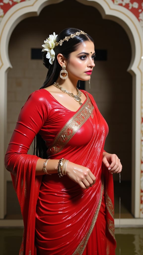 (Highest quality, Ultra HD, 16k, Masterpiece, wet clothes, wet hair, wet skin,slimy clothes, slimy hair, slimy skin:1.4),The image is a portrait of a soaking wet beautiful Indian woman wearing traditional Indian attire. She is wearing a wet red saree with gold embroidery and a matching wet full sleeve designer blouse. The wet saree is draped over her left shoulders which is paired by a wet red designer shawl on her right shoulder. she is also wearing a large necklace and earrings. Her hair is styled in a traditional Indian bun with a flower crown on top. She has a bindi on her forehead and is looking off to the side with a serious expression on her face. The background is blurred, but it appears to be an ornate archway with a floral pattern. The overall mood of the image is elegant and regal.

.. Her hair, clothes and skin are comlpletely wet. her wet clothes cling to her body. suds flowing through the body.,Fetishwet,Wet,covered in oil,covered in mud,wam,pouring oil,wetlook,