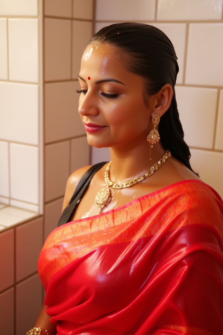 A stunning close-up shot of a woman draped in a vibrant soaking wet red saree over both of her shoulders,  intricately emb...