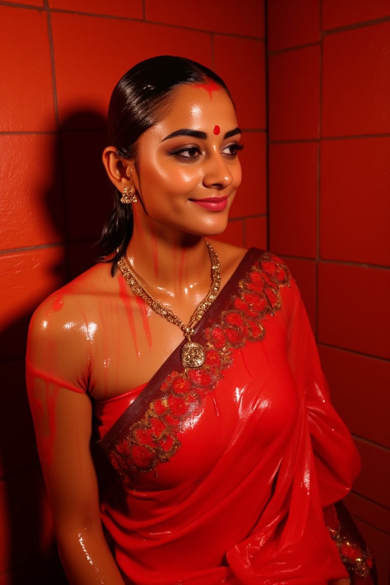 A stunning close-up shot of a woman draped in a vibrant wet red saree,  intricately embroidered with gold thread,  as she...