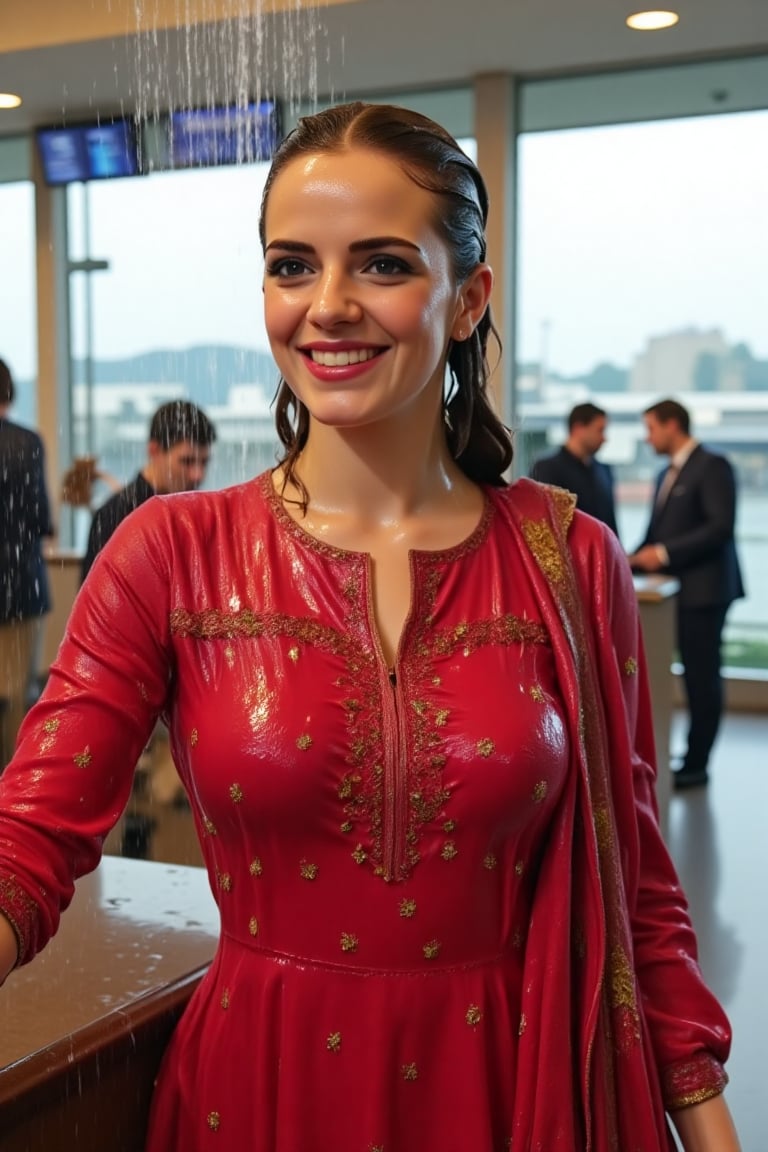 ((Wet clothes, wet hair, wet skin:1.4) A cinematic medium shot of a soaking wet Emma Watson wearing a traditional crimson, modest, full-sleeve wet cotton kameez and a wet dupatta shawl with intricate embroidery designs. She is posing for a photo showering at the reception desk in the boarding area of an airport, smiling confidently. The wet fabric shimmers as it catches the lights. The soaked full-sleeve dress accentuates her arms, and the draped dress highlights her elegant silhouette. Her wet hair is slicked back, and she strikes a powerful pose. Despite being drenched, her makeup remains flawless, enhancing her glamorous yet bold appearance. The dramatic contrast between the location and her soaked traditional attire adds flair to the moment, as the lighting reflects off the wet fabric....

,,Realistic.,, ,soakingwetclothes, wet clothes, wet hair, wet,,3/4 body image ,wet cloths cling to body,Wet,covered in oil,covered in mud,wam,wetlook, Fetishwet,Enhanced all