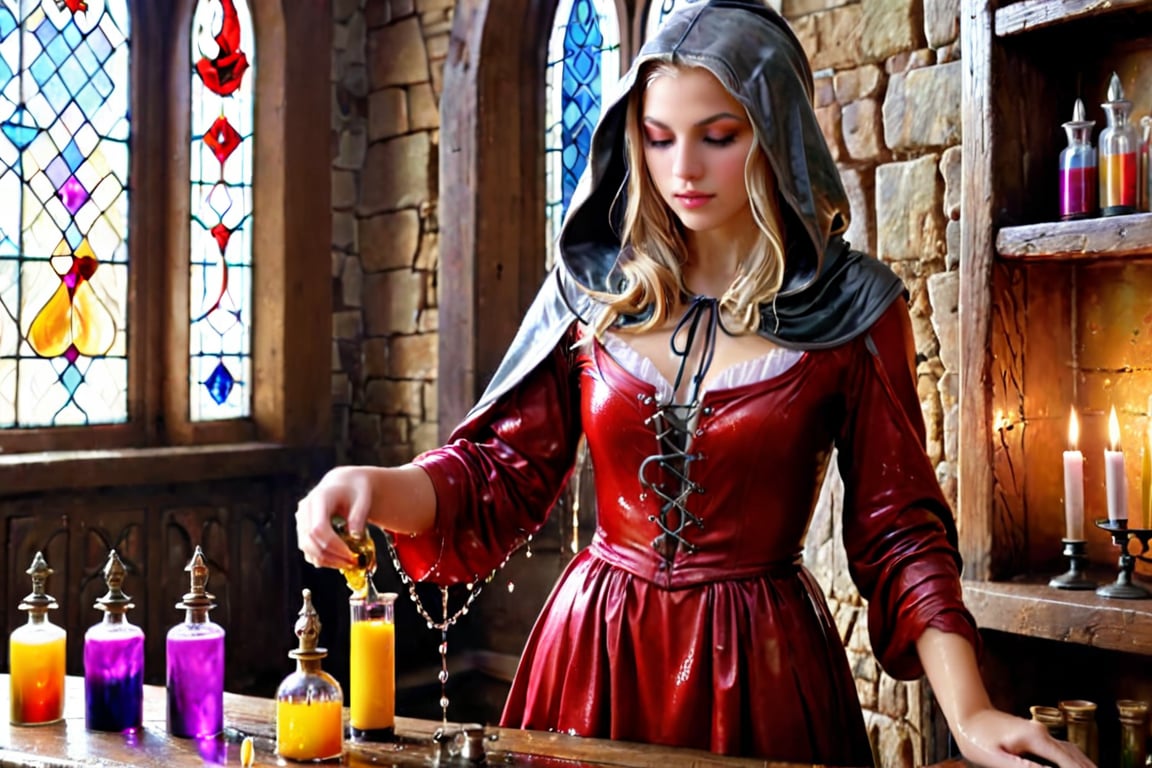 1 girl, 50 mm lens, Photorealistic, Award Winning, Ultra Realistic, 8k, of a 25 years old good sweet wet girl preparing potions in her study. She has wet blonde hair and wears a wet medieval red dress with wet hood and wet tippet, richly silver embroidered. Medieval atmosphere. On background we see colourful stained glasses window lighting an old castle room, (many bright colored potion ampoules:1.4) on the shelves. Masterpiece, ultra highly detailed, Dynamic Poses, Alluring, Amazing, Excellent, Detailed Face, Beautiful Symmetric Eyes, Heavenly, Very Refined, dark golden light,digital painting,crystalz,Decora_SWstyle,art_booster, wet clothes, wet hair, wet skin, wet_clothes,soakingwetclothes