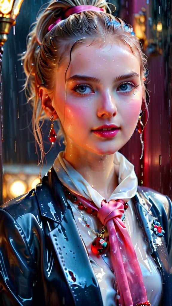 heavy rain, A mesmerizing, ultra-realistic 8K photo captures the essence of a young woman dressed in a British school uniform, draped with a shawl, wearing a wet and glistening pink ponytail hairstyle. The subject exudes a charming wet smile as she dons a woolen scarf, wet tight jacket, and a wet shawl, all set against a cinematic backdrop. The model's icy eyes and pale wet skin contrast with her ruby wet necklace and bracelet, creating a captivating visual. This stunning masterpiece, with its high contrast and vibrant color, is rendered with exquisite details and textures in a cinematic shot, showcasing the artist's exceptional skill. The image is bathed in warm tones, with a bright and intense atmosphere, and is trending on ArtStation, making it a standout piece