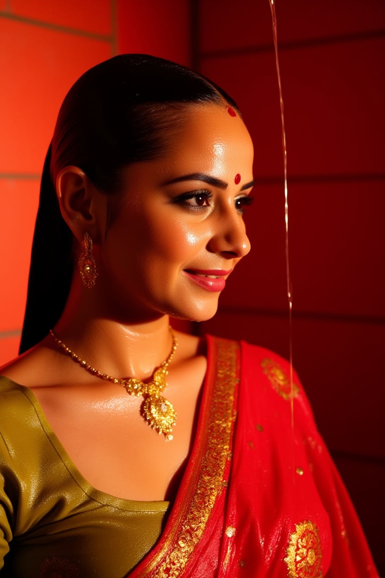 A stunning close-up shot of a woman draped in a vibrant wet red saree,  intricately embroidered with gold thread,  as she...