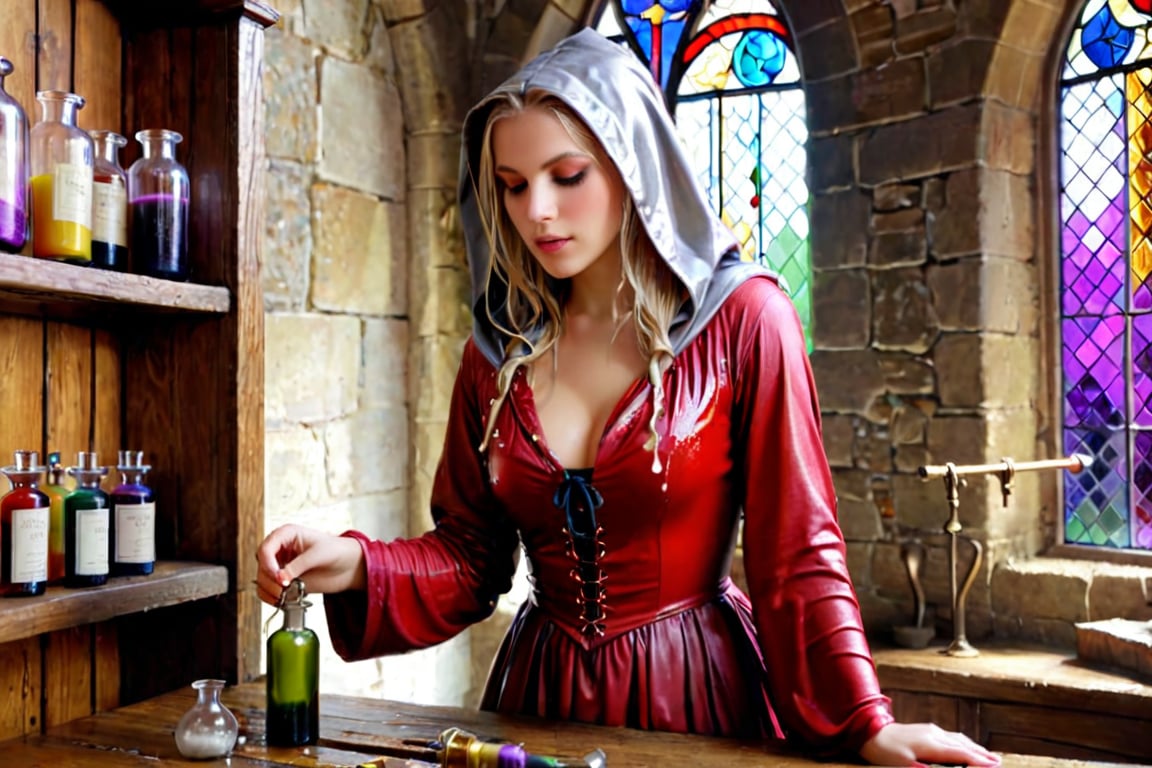 1 girl, 50 mm lens, Photorealistic, Award Winning, Ultra Realistic, 8k, of a 25 years old good sweet wet girl preparing potions in her study. She has wet blonde hair and wears a wet medieval red dress with wet hood and wet tippet, richly silver embroidered. Medieval atmosphere. On background we see colourful stained glasses window lighting an old castle room, (many bright colored potion ampoules:1.4) on the shelves. Masterpiece, ultra highly detailed, Dynamic Poses, Alluring, Amazing, Excellent, Detailed Face, Beautiful Symmetric Eyes, Heavenly, Very Refined, dark golden light,digital painting,crystalz,Decora_SWstyle,art_booster, wet clothes, wet hair, wet skin, wet_clothes,soakingwetclothes