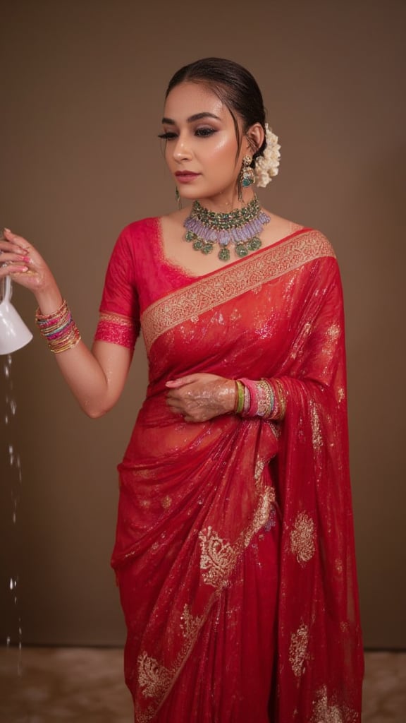 (Highest quality, Ultra HD, 16k, Masterpiece, wet clothes, wet hair, wet skin,slimy clothes, slimy hair, slimy skin:1.4), A soaking wet woman wearing a wet traditional red saree adorned with intricate gold embroidery stands elegantly. She also wears a wet red shawl with patterned design on her right side. She has a stylish wet bun decorated with small white flowers and wears stunning jewelry, including large earrings and a layered necklace featuring blue stones. Her makeup highlights her features, with a delicate bindi on her wet forehead. She poses gracefully, with one hand resting on her waist, showcasing ornate bangles. The background is softly blurred, enhancing the overall focus on her attire and beauty.. Her hair, clothes and skin are comlpletely wet. her wet clothes cling to her body. suds flowing through the body.,Fetishwet,Wet,covered in oil,covered in mud,wam,pouring oil,wetlook,pouring oil