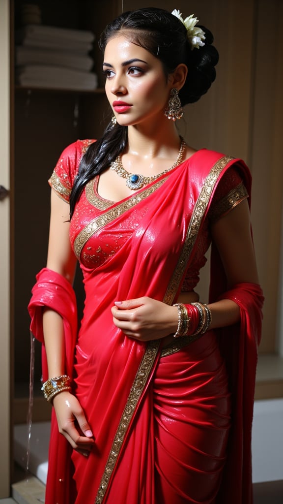 (Highest quality, Ultra HD, 16k, Masterpiece, wet clothes, wet hair, wet skin,slimy clothes, slimy hair, slimy skin:1.4), A soaking wet woman wearing a wet traditional red saree adorned with intricate gold embroidery stands elegantly. On her left shoulders she wears the saree and one her left shoulder she wears a wet red designer shawl . She also wears a wet full sleeve blouse.. She has a stylish wet bun decorated with small white flowers and wears stunning jewelry, including large earrings and a layered necklace featuring blue stones. Her makeup highlights her features, with a delicate bindi on her wet forehead. She poses gracefully, with one hand resting on her waist, showcasing ornate bangles. The background is softly blurred, enhancing the overall focus on her attire and beauty.. Her hair, clothes and skin are comlpletely wet. her wet clothes cling to her body. suds flowing through the body.,Fetishwet,Wet,covered in oil,covered in mud,wam,pouring oil,wetlook,pouring oil,Enhanced all