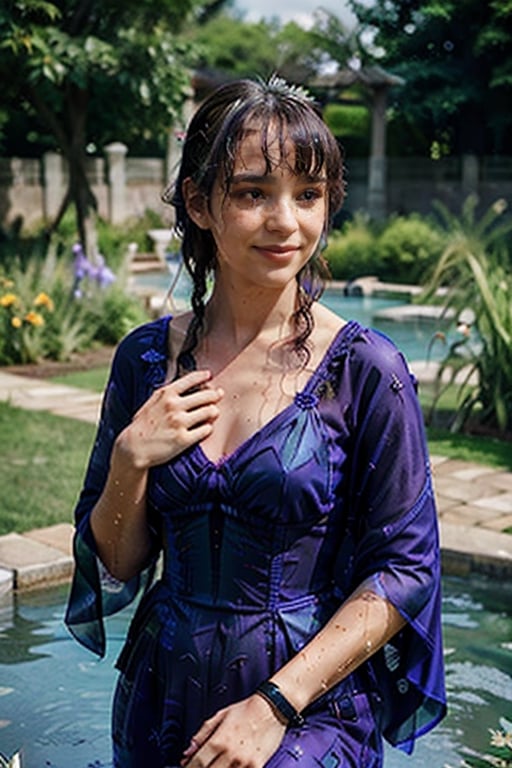 romantic photography upper body shot of a smugly smiling young girl, indigo in a lush lavender graveyard with flowers and birds, 3d render, cgi, symmetrical, octane render, 35mm, bokeh, 9:16, (intricate details:1.2), hdr, (intricate details, hyperdetailed:1.15), (natural skin texture, hyperrealism, soft light, sharp:1.3), detailed iris,   wet hair, (bathing in water), ((wet clothes, victorian ballgown, 
((,SeiShonagon)), cloak, ))