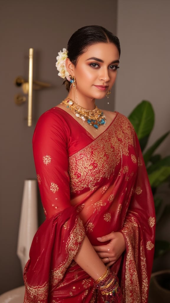 (Highest quality, Ultra HD, 16k, Masterpiece, wet clothes, wet hair, wet skin,slimy clothes, slimy hair, slimy skin, shawl on right shoulder:1.4), A soaking wet woman wearing a wet traditional red saree adorned with intricate gold embroidery stands elegantly. She has a stylish wet bun decorated with small white flowers and wears stunning jewelry, including large earrings and a layered necklace featuring blue stones. Her makeup highlights her features, with a delicate bindi on her wet forehead. She poses gracefully, with one hand resting on her waist, showcasing ornate bangles. The background is softly blurred, enhancing the overall focus on her attire and beauty.. Her hair, clothes and skin are comlpletely wet. her wet clothes cling to her body. suds flowing through the body.,Fetishwet,Wet,covered in oil,covered in mud,wam,pouring oil,wetlook,pouring oil