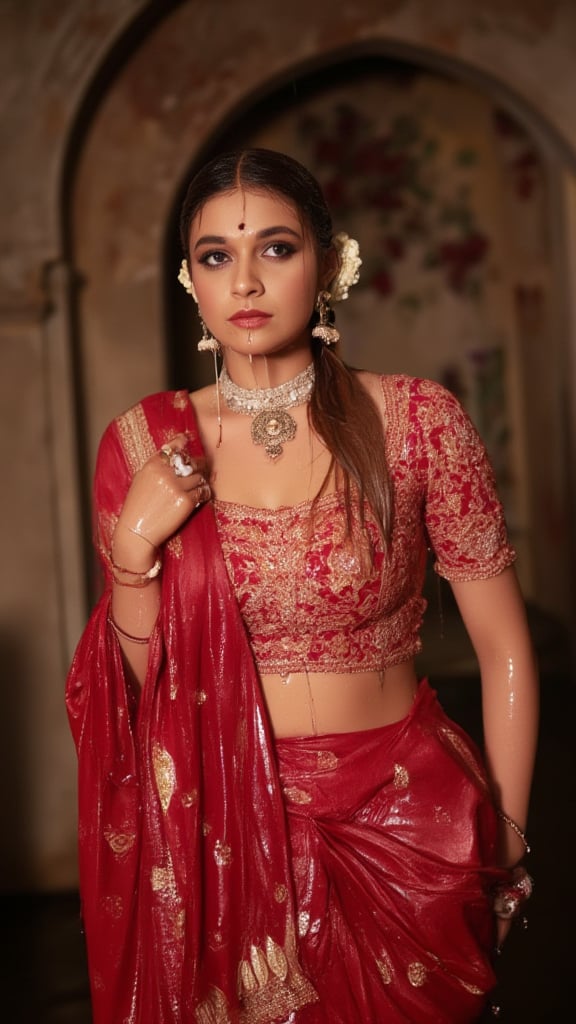 (Highest quality, Ultra HD, 16k, Masterpiece, wet clothes, wet hair, wet skin,slimy clothes, slimy hair, slimy skin:1.4),The image is a portrait of a soaking wet beautiful Indian woman wearing traditional Indian attire. She is wearing a wet red saree with gold embroidery and a matching wet full sleeve designer blouse. The wet saree is draped over her left shoulders which is paired by a wet red designer shawl on her right shoulder. she is also wearing a large necklace and earrings. Her hair is styled in a traditional Indian bun with a flower crown on top. She has a bindi on her forehead and is looking off to the side with a serious expression on her face. The background is blurred, but it appears to be an ornate archway with a floral pattern. The overall mood of the image is elegant and regal.

.. Her hair, clothes and skin are comlpletely wet. her wet clothes cling to her body. suds flowing through the body.,Fetishwet,Wet,covered in oil,covered in mud,wam,pouring oil,wetlook,pouring oil