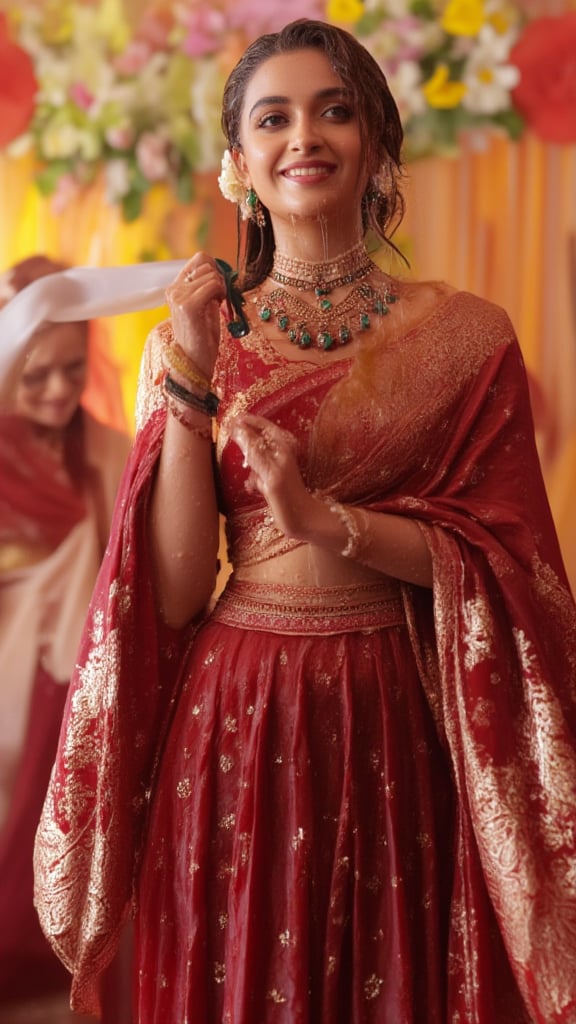 (Highest quality, Ultra HD, 16k, Masterpiece, wet clothes, wet hair, wet skin:1.4), A medium-close-up shot of soaking wet  Keerthy Suresh in a wet traditional Indian bridal outfit. The wet deep crimson wet lehenga is adorned with gold embroidery, and she wears intricate jewelry that sparkles in the warm, natural sunlight. Her wet hair is adorned with jasmine flowers, and her wet face glows with a serene smile, her eyes filled with a quiet confidence. The background features a blur of vibrant wedding decor, but the focus is on her radiant beauty, encapsulating a moment of timeless elegance. Her hair, clothes and skin are comlpletely wet. her wet clothes cling to her body. suds flowing through the body.,Fetishwet,Wet,covered in oil,covered in mud,wam,pouring oil,wetlook,pouring oil