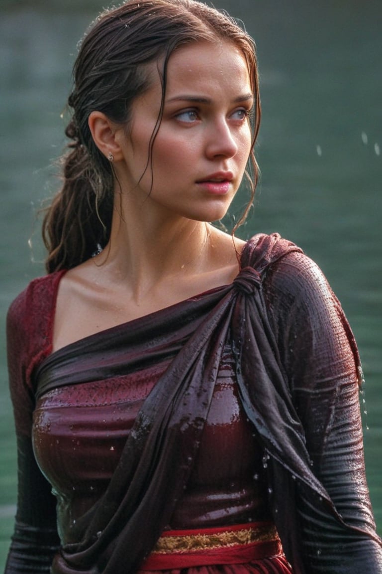 (wet clothes, wet hair, wet, wet face, wet skin,  : 1.4 ),(Chiaroscuro Solid colors background),( Beautiful wet German queen with a shawl on her shoulder ),(greater details in definitions of face and eyes), (realistic and detailed wet skin textures), (extremely clear image, UHD, resembling realistic professional photographs, film grain), beautiful wet blonde hair,beautiful blue iris, ((wearing Baroque-style crimson dirndl ballgowns partly covered by shawl,clothes with vibrant colors, , submerge,  hugging, very wet drenched hair, wet face:1.2)), infused with norwegian elements. The dress combines intricate lace and embroidery with colorful ballgown-inspired patterns. A wide obi belt cinches her waist, while puffed sleeves and delicate accessories complete the look, showcasing a striking fusion of cultures.,ct-drago
.
, soakingwetclothes, wet clothes, wet hair, Visual Anime,art_booster,anime_screencap,fake_screenshot,anime coloring