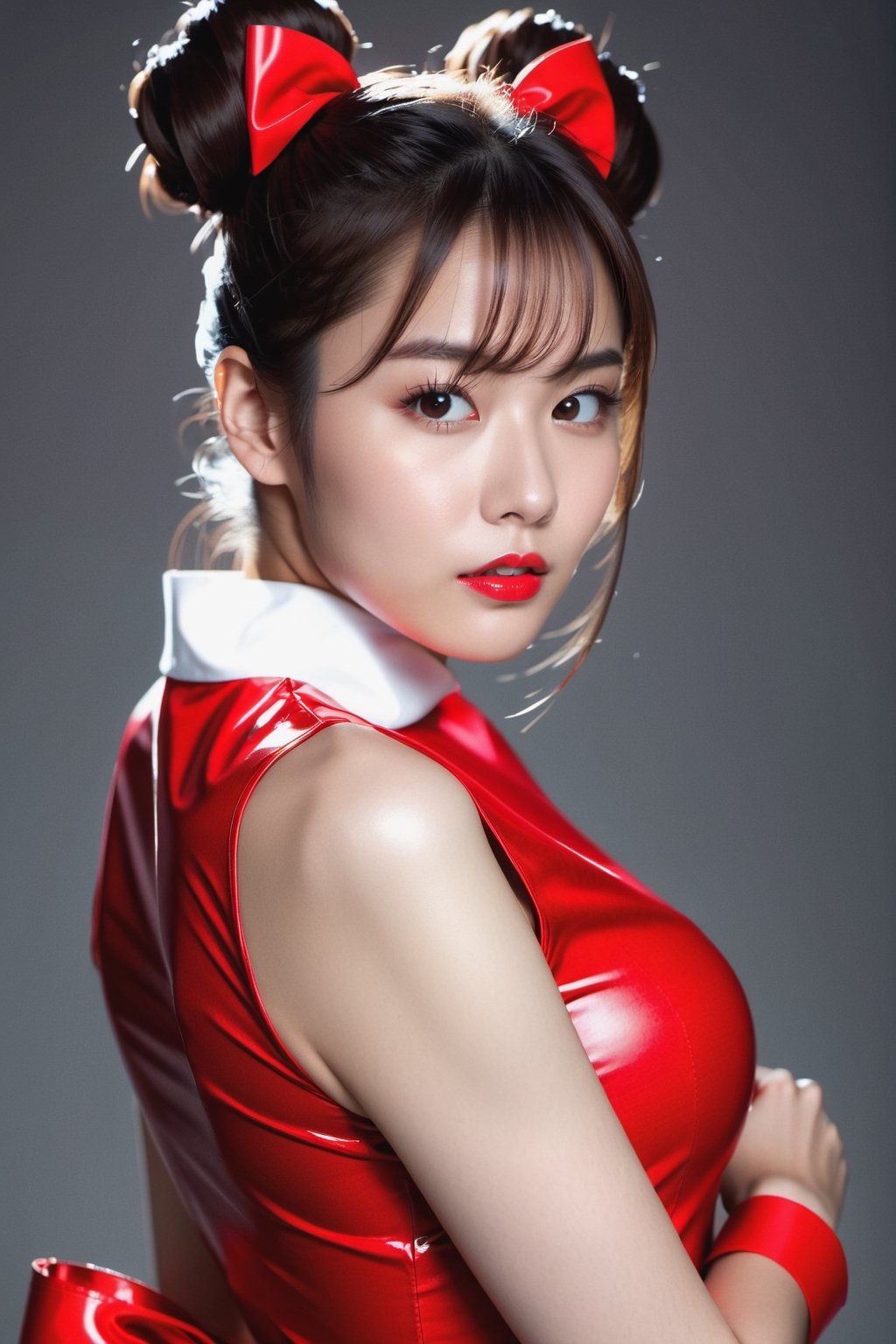 128k female models, Huge breasts, eyes, ((random short hair style)), High resolution, Upper body, No background, Studio Lightning, ((A high resolution, 1 beautiful young woman,latex （Soft saturation：1.3）, （Fair skin：1.2）, Wear red clothes, 85mmレンズ,f/8.0, background Garu, A brown-haired, mediuml breasts, sunder, 1girll,18yr old,（Porcelain dress：1.5）,Side tie peek,（Porcelain dress：1.5）, Double bun and long double tail, brunette color hair))