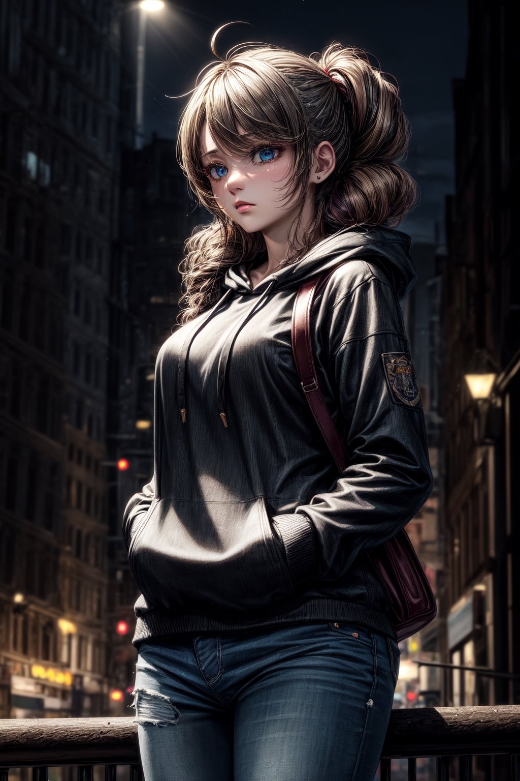 (Masterpiece,best quality:1.4),city ​​at night , ,solo_female,not-furry,black_hoodie,brown_jeans,sad_face,rain