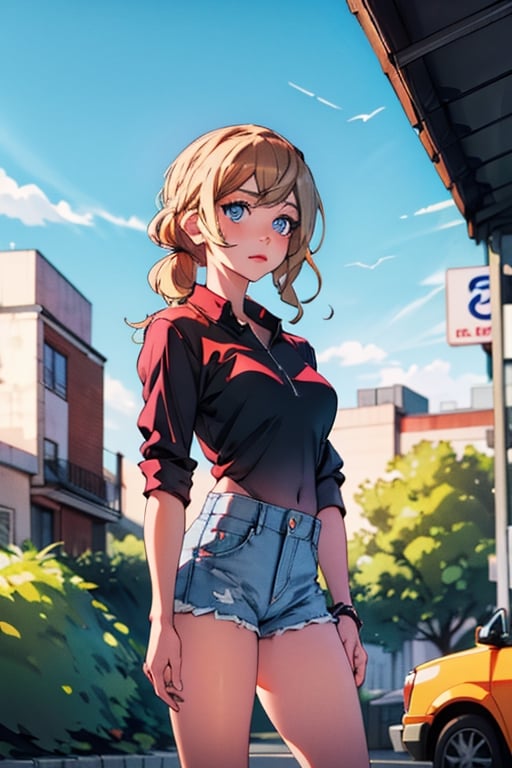 longhair, blue eyes, wearing plain white shirt, denim shorts, city, absurdres, high res, ultrasharp, 8K, masterpiece, looking at viewer,hayasaka ai