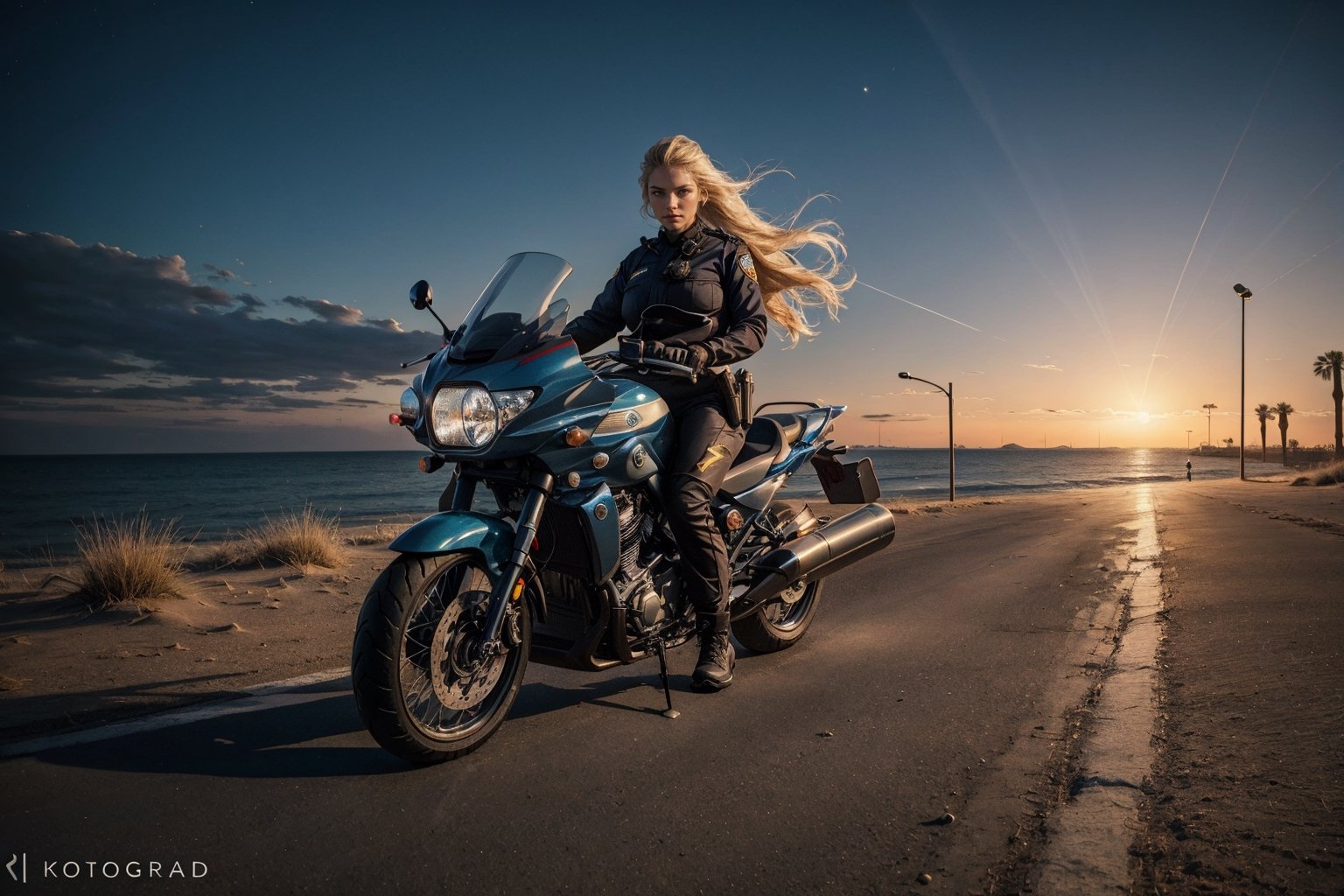 (photorealistic), (masterpiece), Policewomen ,real photo, 8k UHD, best quality, ultra quality, ultra detailed, realistic eyes, ultra realistic, photography, standing, sunny weather, beach, warm lighting, outdoors, , Police girl , riding a motorcycle, motion blur , long blond hair,Leather ,  big breasts , serious face ,Wind wrapped in her long hair ,fitness body , perefect body , six pack, masterpiece, Attractive and muscular legs , night, Depth of field , Police cars  , lights in background, the desert ,blurry background , 70-200mm lens