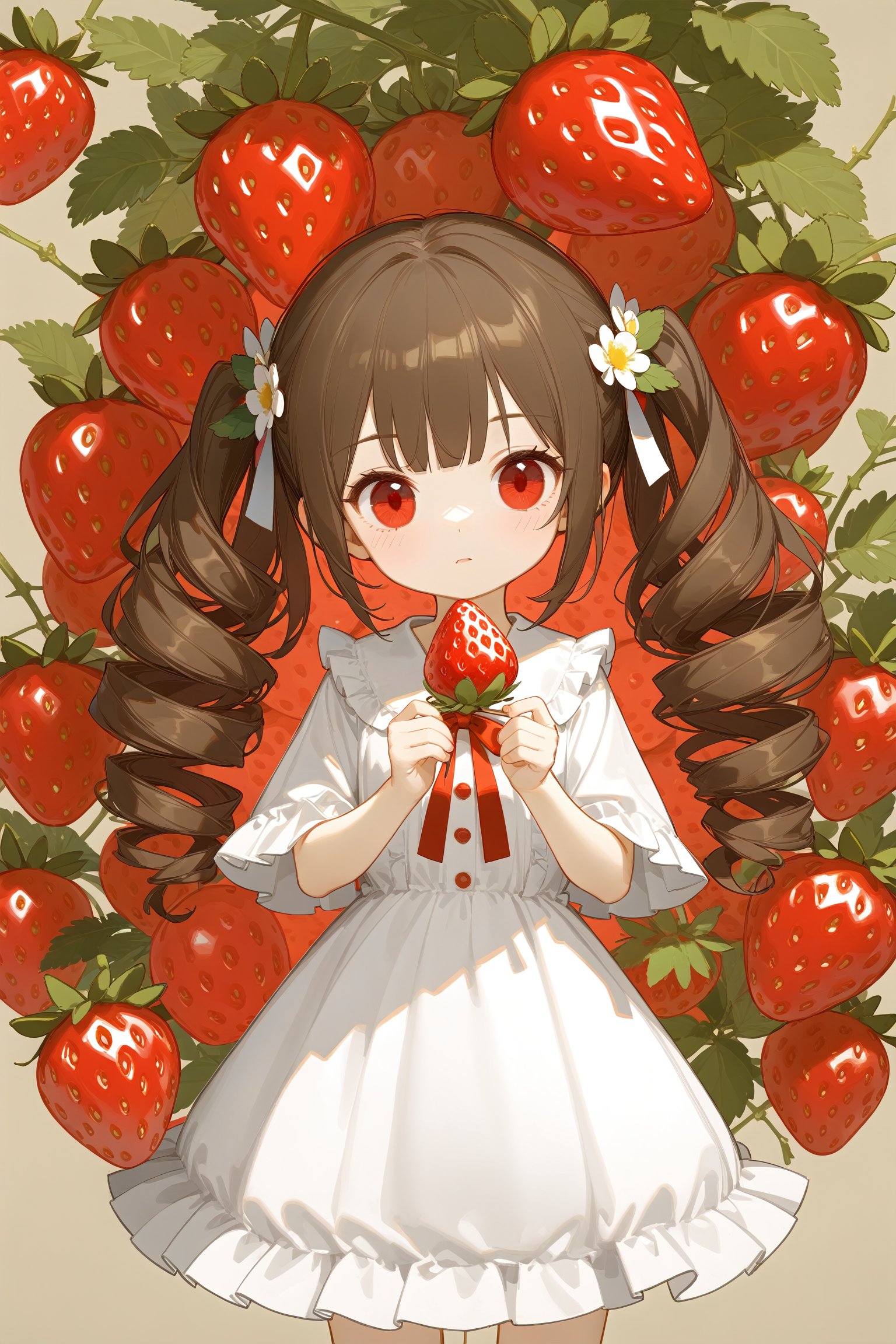 artist:ciloranko,artist:chenbin,artist:tianliang duohe fangdongye,1girl,solo,food,fruit,strawberry,brown hair,drill hair,long hair,red eyes,ribbon,hair ornament,dress,looking at viewer,twin drills,heart,