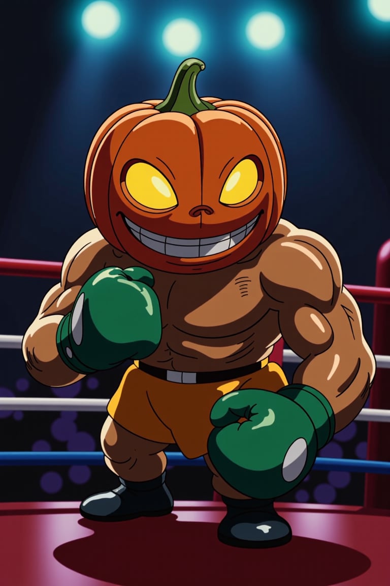 Disney Pixar cartoon, anthropomorphic halloween pumpkin in boxer style, green gloves, boxing ring, ultra detailed