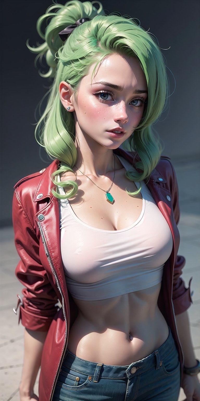 masterpiece, best quality, 3d rending work , 3DMM style, close-up, portrait, 3D, 1 girl, solo, green neon hair,light green hair, necklace, freckles, jewelry, two-tone hair, looking to the side, realistic, upper body, simple background, looking away, messy hair,red lips, parted lips, green eyes, lips, wearing a white shirt, wearing a blue jeans, wearing a red jacket, makeup, mole,  watermark , beautiful body, beautiful skin, medium boobs