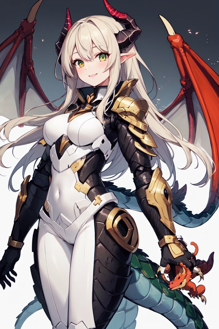 a girl, gold long hair, with a (pet dragon), beautiful skin, beautiful smile, beautiful face, best quality, masterpiece, battle suit, dragon armor, dragon horns, Dragon ear