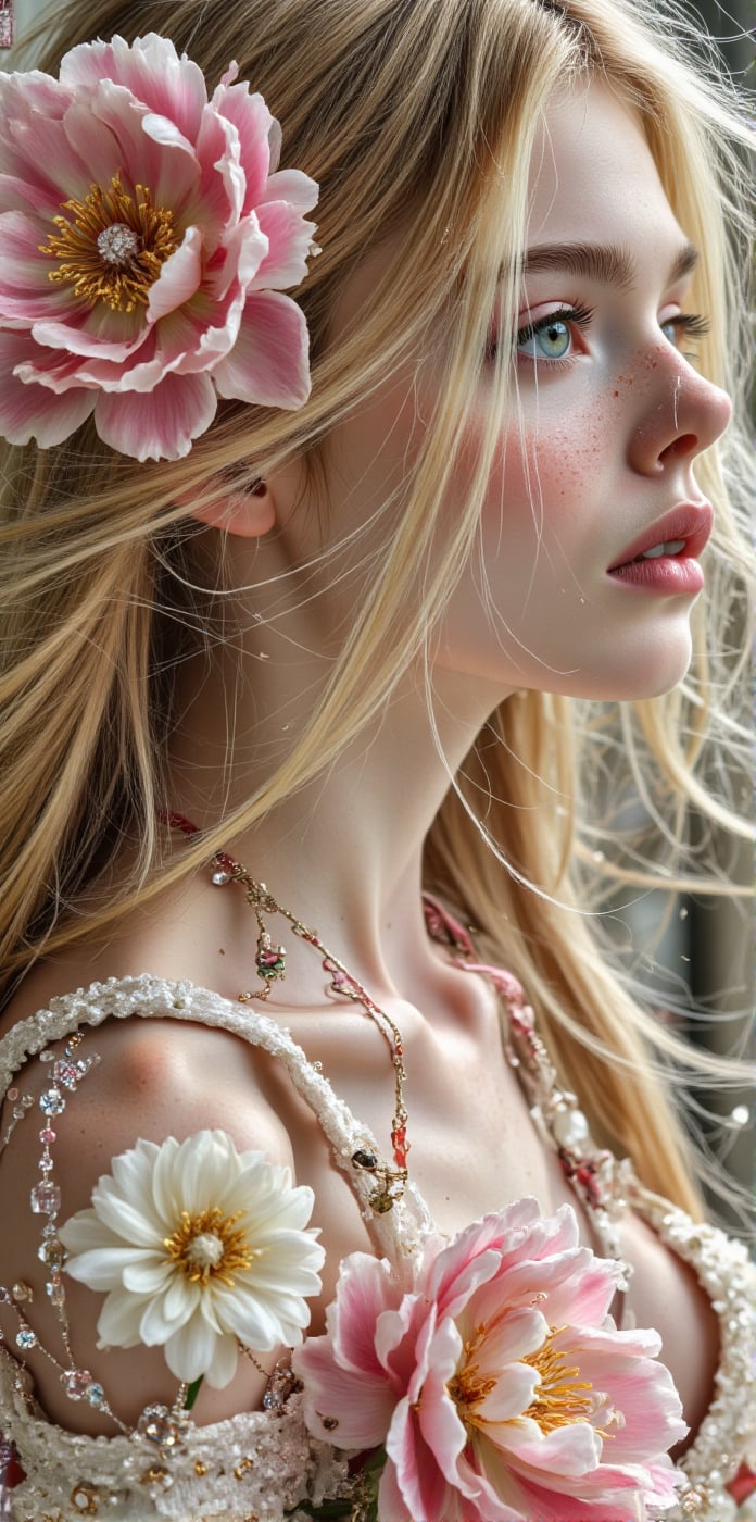 Intricate face close-up image of a Beautiful 12 yo girl with flowy flowe-like hair,  perfect blue eyes,  pale matte skin....