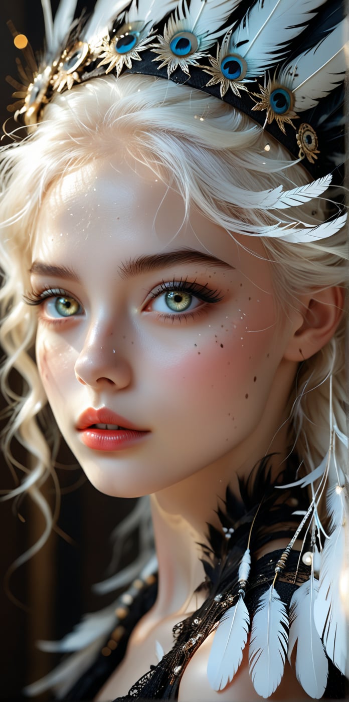 "Misterious beauty" (Misterious mood Soft Lighting art), Aesthetic, ((close-up face):1.5), ((close_up portrait)), Masterpiece, best quality, 
huihui,(The girl looks , the girl has white wings, white hair, white clothes, light halo, and a white color tone. black hair, black clothes, light halo, and a black color tone of 1.5.) (Symmetry:1.3),cute,black and white **********,European style gorgeous and complex mirror,(6 years old.) Q-version,doll face,3 head body,ancient spirit and quirky,red lips:1.3),exquisite makeup,(selected perspective:1.5),(scattered feathers:1.3),(scattered small light particles:1.2),overexposed,off shoulder,floral hair,rose petals,andala,chaotic,radial,streamlined,typographic art,ulticolored pupil space,high exposure,exquisite headwear,feathers,gorgeous,flowing hair,random beams,spots,strong light,exposed Back beam,dreamy light and shadow,backlight,ultra-high saturation,masterpiece,best quality,detailed details,high contrast,ultra-high definition,8K,wallpaper,duble eyelid,makeup,big eyes.
- The image must occupy the entire screen and be in UHD (ultra high resolution format definition). Olga Ester style.
