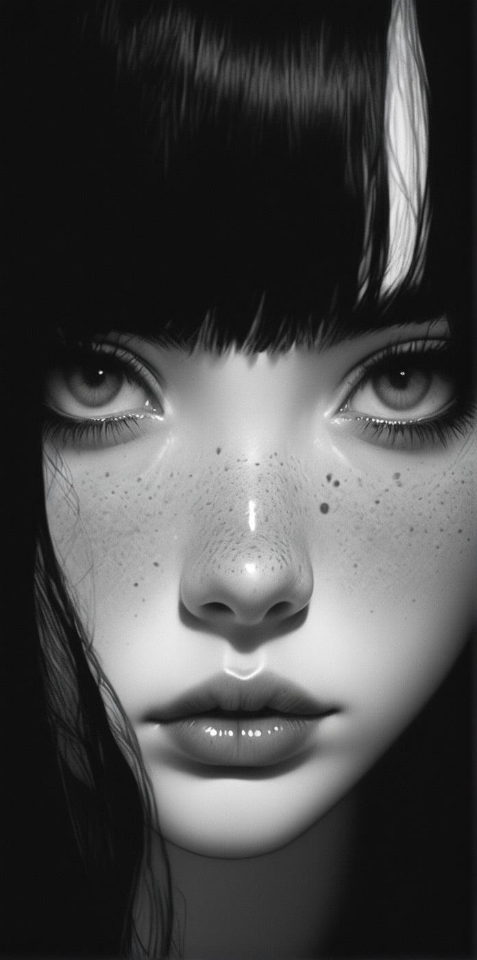 1girl, 20 year old, (((solo, long hair, looking at viewer, bangs, closed mouth, monochrome, greyscale, lips, eyelashes, piercing, portrait, freckles, realistic, nose))))